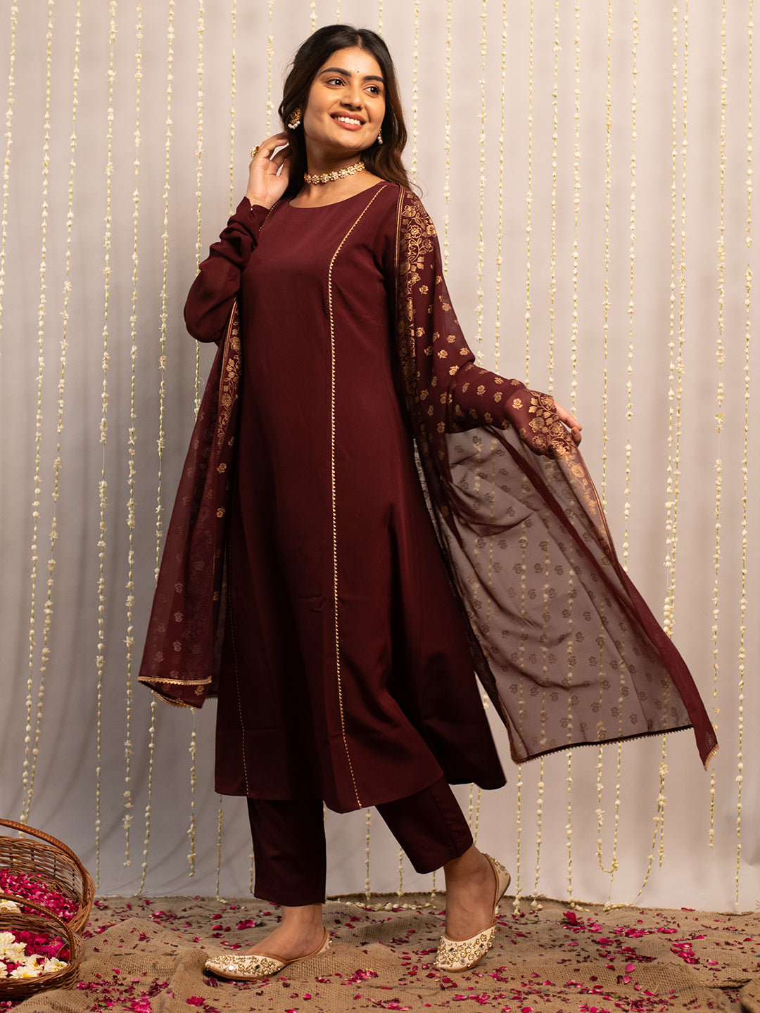 FIORRA Women's Maroon Poly Crepe A-Line Kurta Set With Dupatta